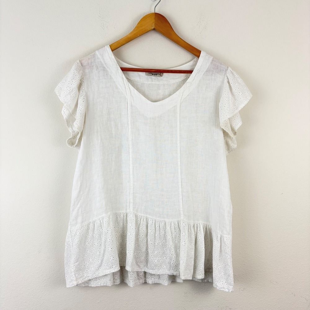 Lungo L'Arno White Linen Eyelet Flutter Sleeve Peplum Blouse Made in Italy Sz L